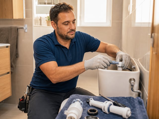 Fontanero reparando la cisterna de un inodoro
