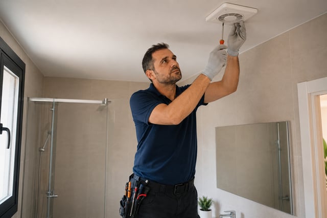 Electricista revisando un extractor de baño en el techo