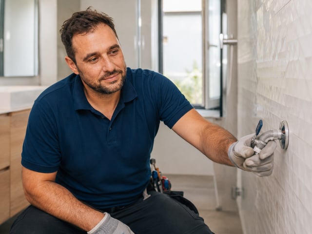 Fontanero instalando una llave de agua en baño