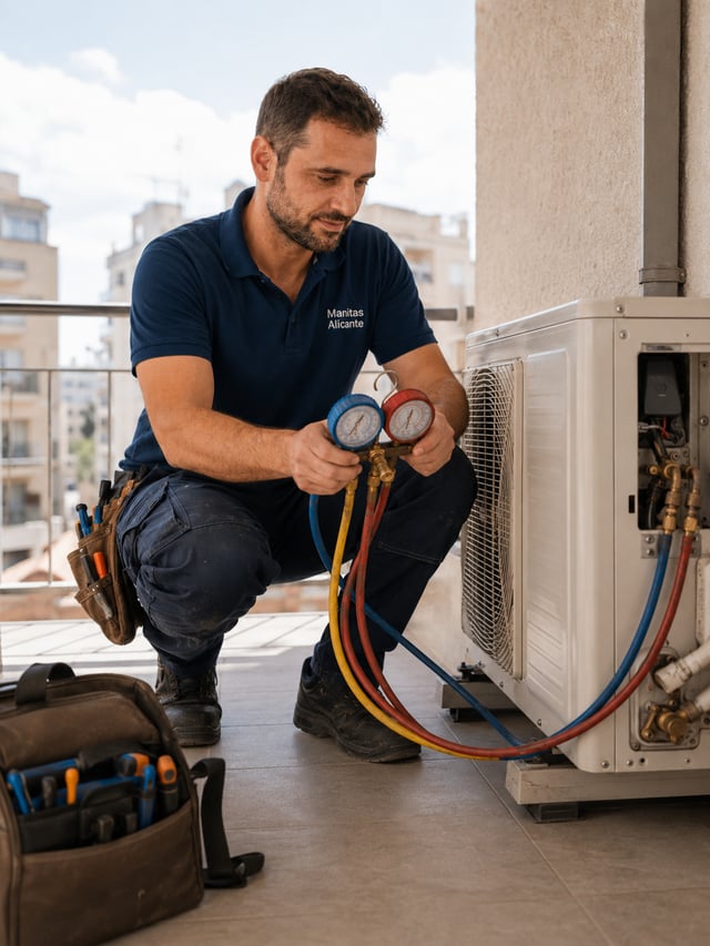 Técnico comprobando presiones del aire acondicionado en la unidad exterior