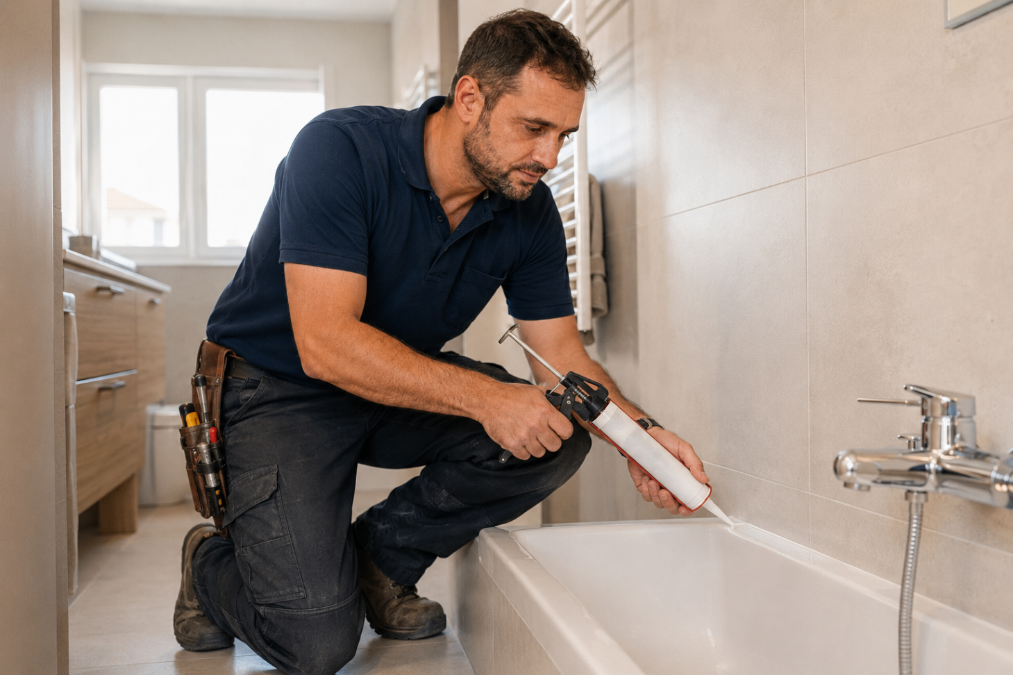 Técnico ajustando las bisagras de una puerta con taladro