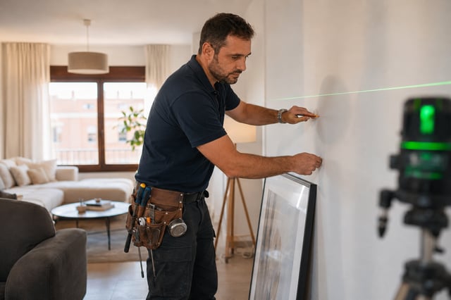 Técnico montando un mueble blanco en el salón