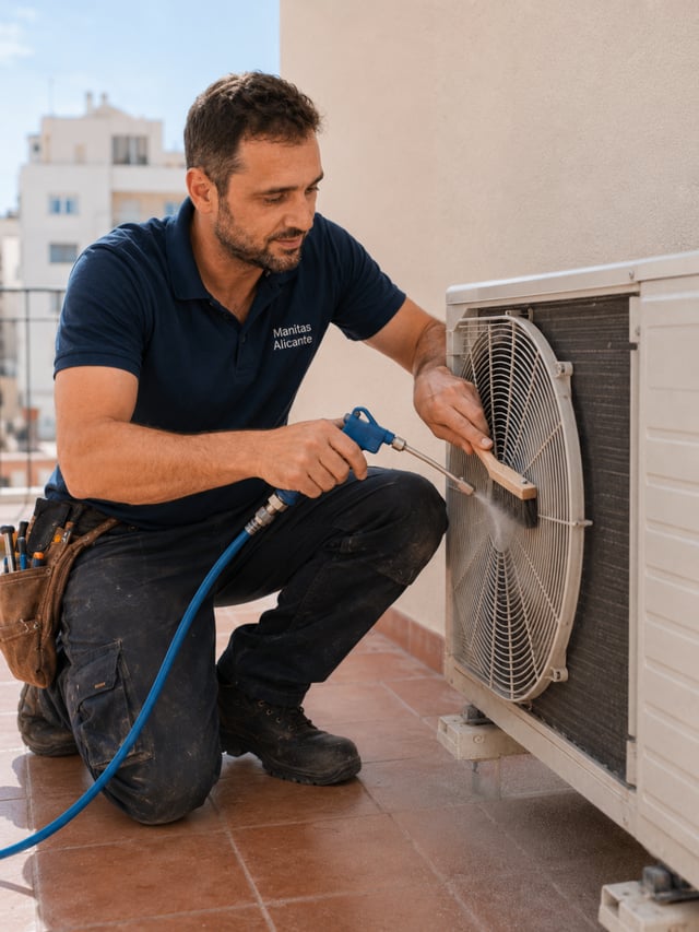 Técnico limpiando el ventilador de la unidad exterior del aire acondicionado
