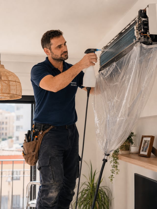 Técnico pulverizando producto limpiador sobre el interior del split con bolsa de drenaje