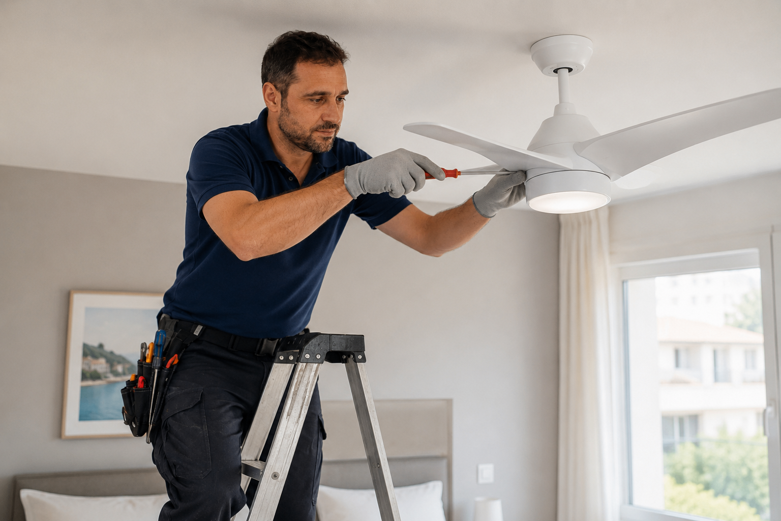 Electricista ajustando un ventilador de techo en un dormitorio
