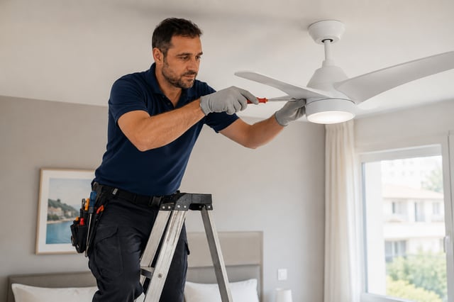 Electricista ajustando un ventilador de techo en un dormitorio